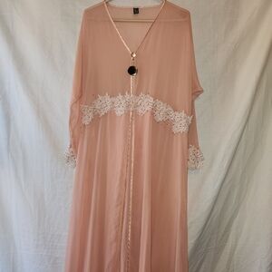 SHEER Chiffon Floral Lace Trinmed, Soft Peach Robe / abaya